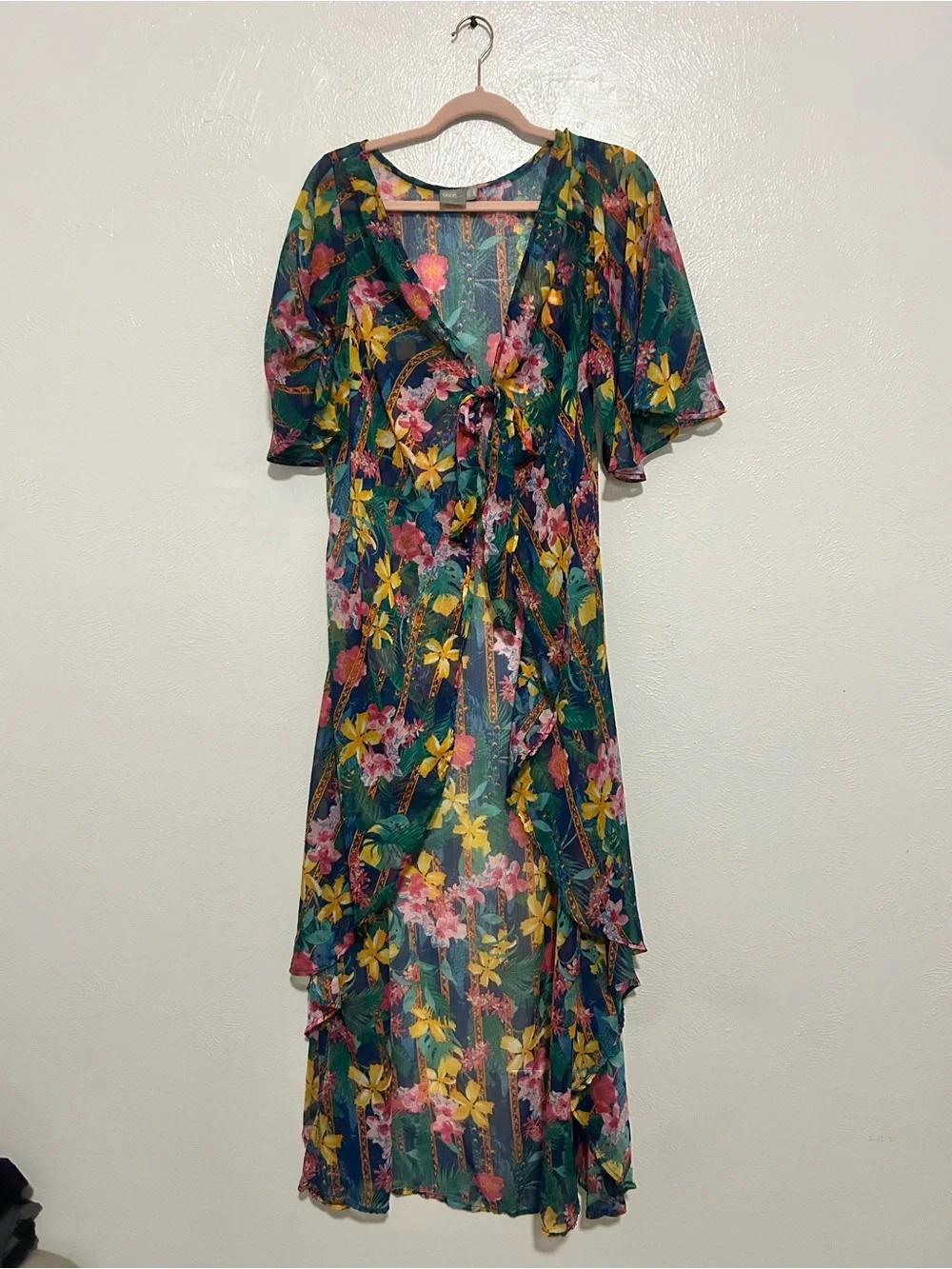 ASOS Green Sheer Floral Tie-Front Pareo dress with Pink & Yellow Blooms